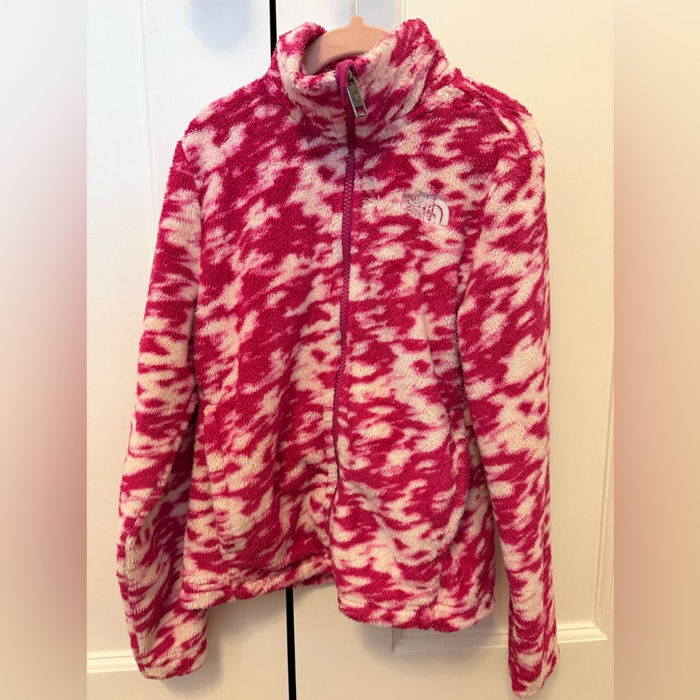 The North Face Kids' Pink and White Patterned Fleece Jacket - Small 7/8